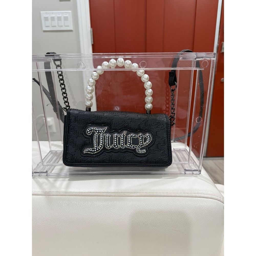 Juicy Couture Black Embossed Pearl Handle Rhinestone Logo Crossbody Bag Wallet